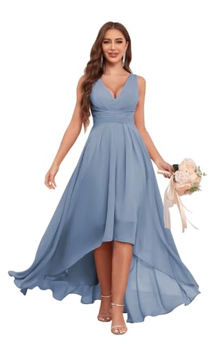 Fu Jiang Women's Chiffon Pleated Bridesmaid Dresses for Wedding Long High Low Formal Evening Dress with Pockets