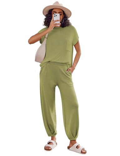Image of Ekouaer Two Piece Outfits Lounge Sets for Women Sweater Sets Knit Short Sleeve Tops Jogger Pants Matching Tracksuit