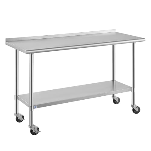 Image of ROCKPOINT All Stainless Steel Prep Table with Caster & Backsplash 24x60 Inch,Commercial Heavy Duty Workbench with Stainless Legs & Adjustable Undershelf,850 lb Capacity for Outdoor Kitchens with Wheel