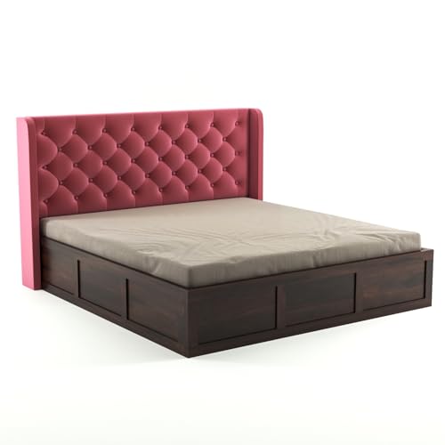 Image of Solid Sheesham Wood Queen Size Bed with Storage | Wooden Double Bed Cot Bed with Box Storage & Velvet Upholstered Cushioned Headboard for Bedroom (Walnut A, Queen)