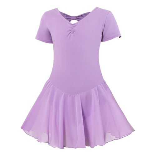 Generisch 2026 Vestito da balletto da bambina a maniche corte, abito da ballo con gonna in chiffon, tutù ragazza 86, Lilla, 10-12 Anni