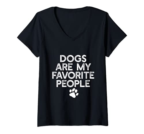 Womens DOGS ARE MY FAVORITE PEOPLE Paw Print Pet Owner Dog Meme V-Neck T-Shirt, Black