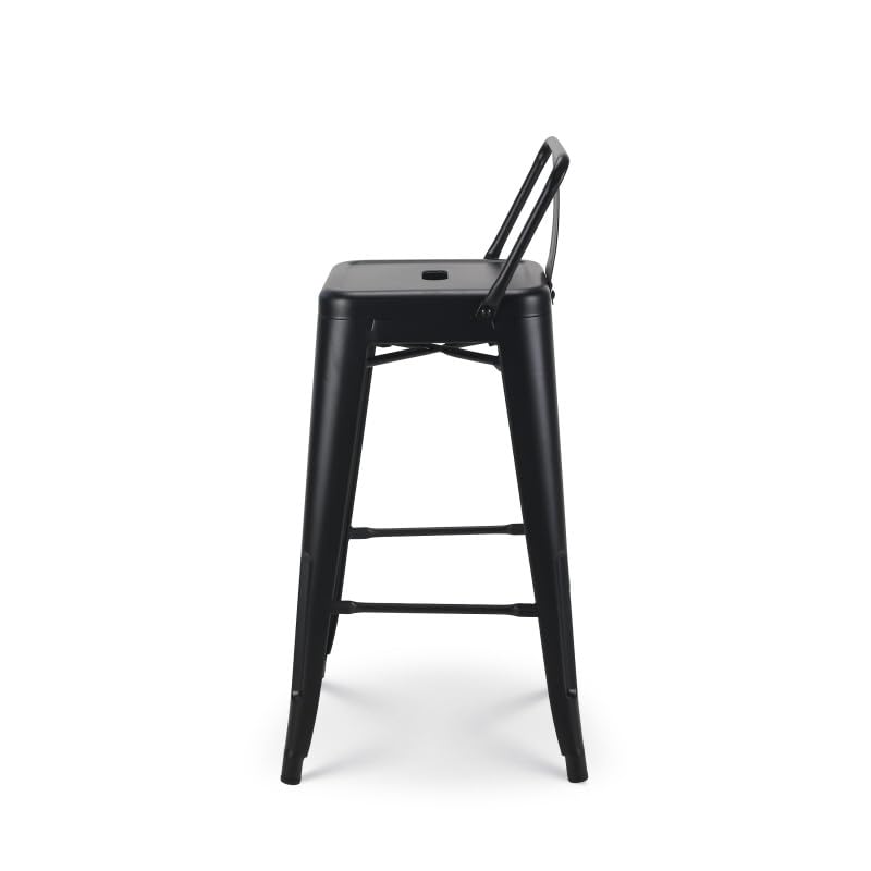Lot de 4 tabourets de Bar en métal Noir Mat Style Industriel - avec Dossier - Hauteur 66cm