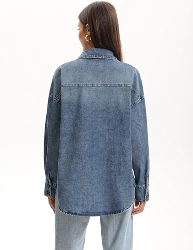 Women's Oversized Denim Shirt Long Sleeve Boyfriend Jean Jacket Button Down Blouse Top3