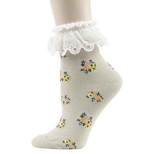Image of KitNSox Funcat Women's Lace Ruffle Frilly Colorful Floral Cotton Casual Novelty Ankle Socks 4 /5 /6 Pairs