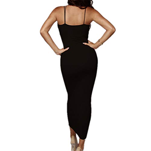 Primoda Women's Sexy Neon Asymmetrical Spaghetti Strap Dress Deep V-Neck Sleeveless Bodycon Midi Club Dress(Black,S) #TOP2