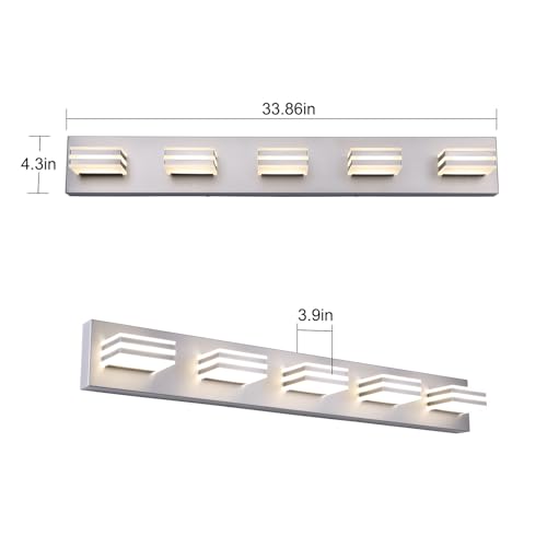 Image of LED Wall Brushed Nickel Vanity Lights for Bathroom Light Fixtures 30W Adjust 3 Colors Modern Bath Lighing Over Mirror LED Vanity Light (5-Light,34inch)