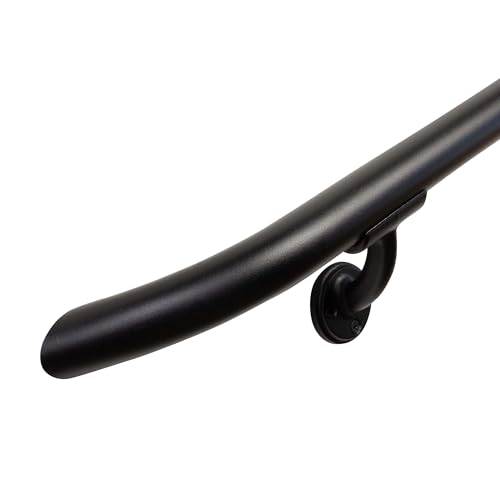 Complete Aluminum Handrail KIT for Indoor/Outdoor – Stylish Round Shape with Curved Ends. Includes Wall Mounts, Hardware, Ergonomic 1-3/8' Dia, ADA Returns (Black Textured, 3' Length)