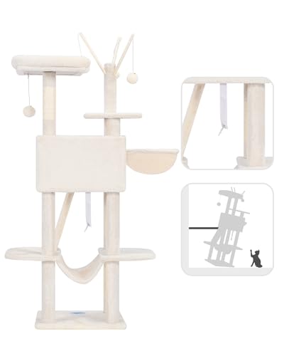 Hey-brother Kratzbaum, 134,6 cm, Katzenturm für Indoor-Katzen, Katzenhaus mit gepolstertem Plattformbett, Spielzeugbälle, großer gemütlicher Höhle, Hängematten und Sisal-Kratzbäume, Beige MPJ019-SM