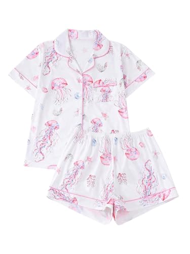 Women's 2 Piece Pajama Set Animal Print Button Down Shirts and Shorts Lounge Set