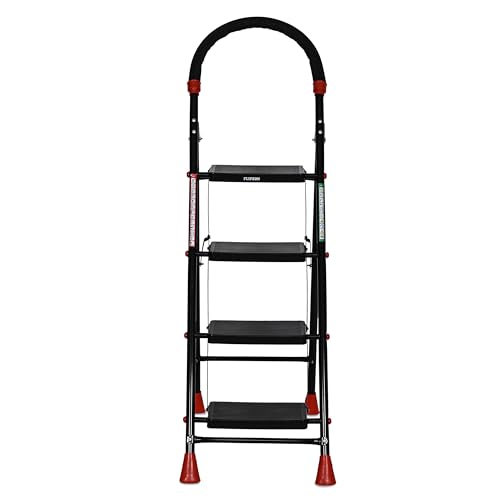 Image of FLIPZON Halo Foldable 4 Step Ladder for Home and Office Use | Alloy Steel | Wide Steps | Wobble-Free | Skid-Free Steps | Durable Safety Ladder | Rust Free | Anti-Skid (Black)