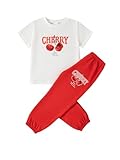 FRCLHWA Toddler Girl 2PC Summer Clothing Letter Graphic Print T-shirt Top and Jogger Pants Clothes Set (Cherry White Red, 5T)