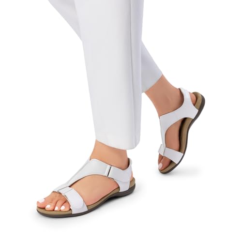 DREAM PAIRS Womens Sandals Arch Support T-Strap Orthopedic Flat Sandals Comfortable Summer Shoes,Size 9,White,DWUMFS2508
