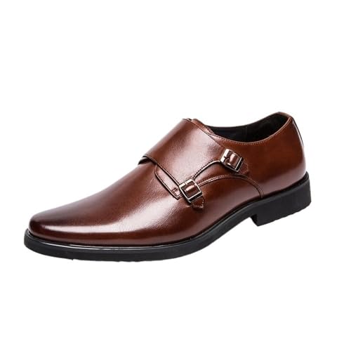 Men's Brown Leather Dress Shoes Formal Business Casual Slip On Pointed Toe Double Buckle Monk Oxfords Shoes