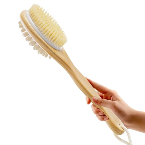 Image of KIMEE 2-in-1 Wooden Bath Brush with Long Handle and Bristles | Dual-Sided Body Brush and Back Scrubber for Shower, Wet and Dry Brushing Exfoliation, Cellulite Care and Cleansing