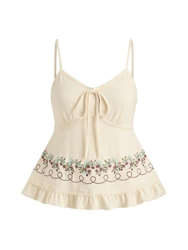 SOLY HUX Women's Floral Embroidery Cami Tops Tie Front Ruffle Hem