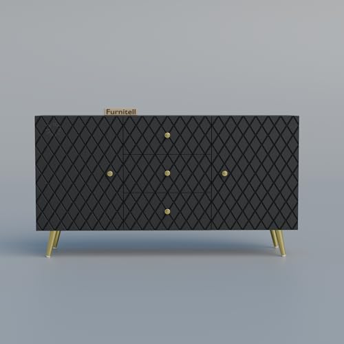 Image of Wooden Sideboard Cabinet for Living Room & Bedroom | Geometric Design Side Board Crockery Cabinet with 2 Doors & 3 Drawers Storage for Home & Entryway | HDMR Premium Wood | Golden Metal Legs (Black)