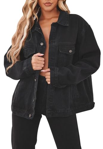DvaeMalligo Women's Oversized Denim Jacket Casual Long Sleeve Button Down Distressed Trucker Jean Jackets with Pockets