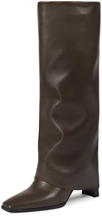 wetkiss Knee High Boots Women Fold Over Square Toe Chunky Heel wi...