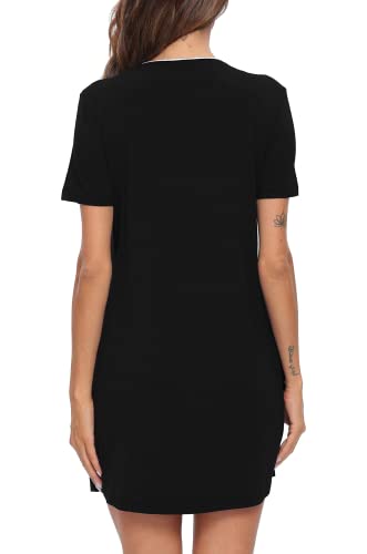 Swomog Women's Button Down Nightgown Short Sleeve Nightshirt V-Neck Sleepwear Boyfriend Sleepshirt Pajama Dress Black #TOP4