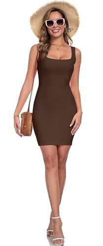 Image of Qaffier Summer Dresses for Women Sexy Mini Dress Ribbed Knit Fitted Square Neck Bodycon Party Club Tank Dresses