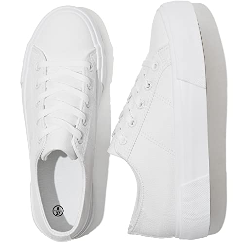 Uoidru Women White Platform Sneakers Pu Leather Platform Sneakers For Women Casual Lace Up Tennis Shoes Fashion Low Top Platform Shoes（White，Us7） #TOP4