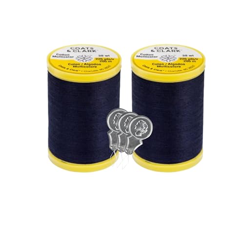 Coats & Clark Cotton All Purpose Sewing Thread 100% Mercerized Cotton 225 Yards Each Spool S970 2 Pack Bundle with 3 Bella's Crafts Needle Threaders (Navy)