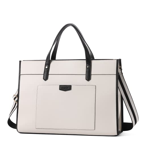 CLUCI Laptop Tote Bag for women 15.6 inch Computer Briefcase Leather Work Shoulder Bags Handbag for Office,School,Travel?beige with black?