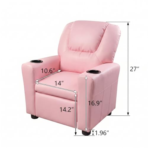 Image of 23 inch W PU Leather Recliner Chair with Cup Holder and Recline, Pink | Mini Recliner Chair Comfort with Adjustable Footrest & Backrest, Youth Boys Girls Recliner for Reading, Gaming, TV, Lounging