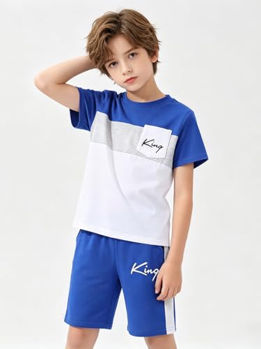 Image of Size 6-12 Years Boys Summer Outfits Set Kids Short Sleeve Top T-Shirt & Shorts Color Block Clothing Sets