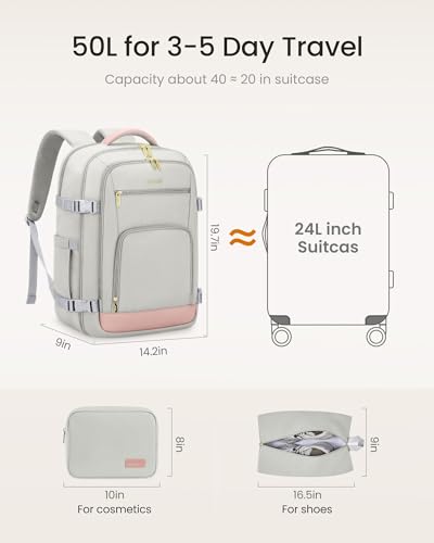 Image of LOVEVOOK Travel Backpack for Women, 50L Carry On Backpack Flight Approved with Garment Bag, Personal Item Travel Bag Fit 17 Inch Laptop, Business Weekender Overnight Daypack With 2 Cubes, Pink-Grey