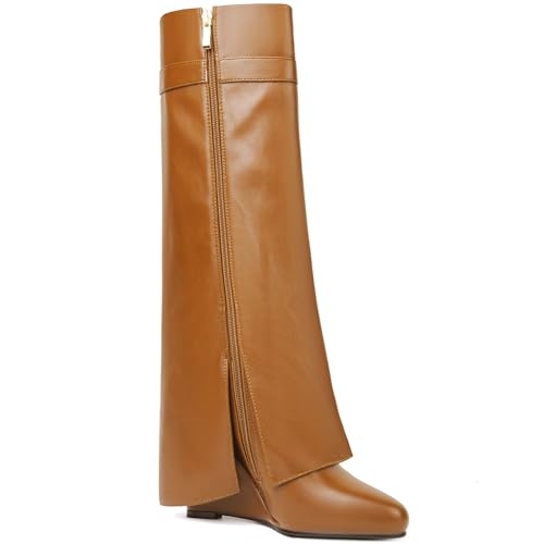 Image of Fold Over Boots for Women Pointy Pull-on Wedge Heel Knee Shark Boot With Side Zipper Padlock Design