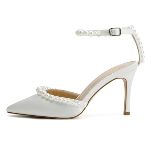 High Heel Wedding Shoes for Bride Pointed Toe Bridal Shoes Pearl Heels Ankle Strap Wedding Pumps3