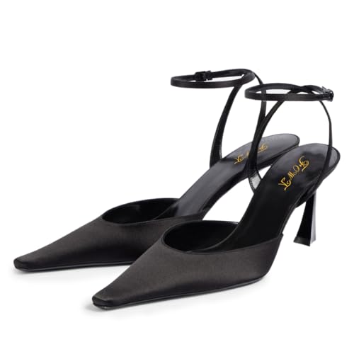 FOWT Women Graceful Pointed Toe Satin Pumps Chic High Heel Ankle Strap Buckle Prom Bride Dressy Sandals Size 4-16 US