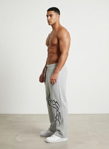 Image of Aesthetic Gothic Wide Leg Pants for Men | Tribal Print Baggy Streetwear | Oversized Track Pants with Elastic Waist | Black and White Relaxed Fit Bottoms