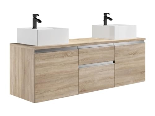 Vente-unique-Mueble de baño Flotante con Dos lavabos - Natural Claro - 150 cm - Jimena II