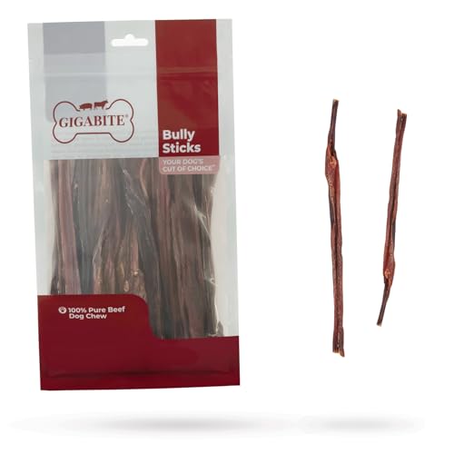 Image of GigaBite Bully Sticks for Dogs All Natural Beef Pizzle Dog Chews, Odor & Rawhide Free Dog Treats, Long Lasting High Protein Chews Digestible Dental Dog Treat - Sticks (Slim 6 inch), Pack of 25