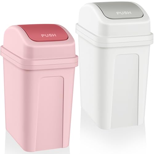 Image of Sumind 2 Pcs 2.6 Gallon Bathroom Trash Can with Swing Lid Small Garbage Can Plastic Bathroom Trashcan Garbage Bin for Kitchen Waste Bedroom Room Outdoor (Pink and Beige)
