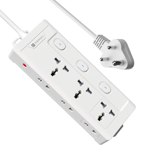 Image of Portronics Power Plate 10 Pro, 6-in-1 Power Extender with 2500W Output, Universal Sockets x3, Side 2-Pin Sockets x3, Individual Switches with LED, 2M Long Cord, Overload Protection, Wall Mount Design