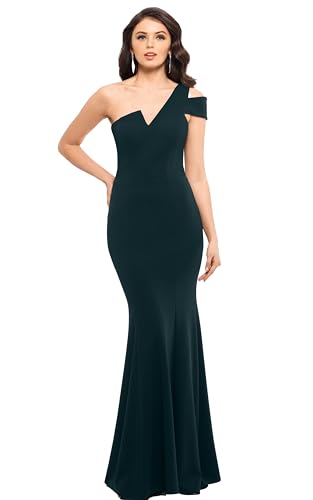 Image of Betsy & Adam Long Slim One Shoulder Dress | Cold Shoulder Evening Gown
