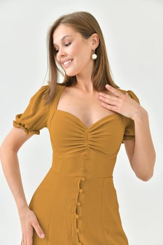 Image of Shasmi Girl's & Women's Solid Midi Dress - Elegant Square Neck Button-Down Dress with Puff Short Sleeves | Stylish Casual & Party & Office Wear Outfit (Dress 105)