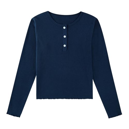 Girls Long Sleeve Shirts Henley Lettuce Trim Ribbed Knit Slim Base Tops Pullover 6-12 Years