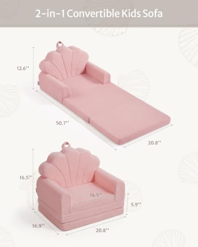 Image of Blissful Diary Foldable Kids Couch, 2-in-1 Kids Sofa Chair, Pink Shell | 50.8 inch Fold-Out Play Area, Supportive Foam, Washable Cover, Carry Handle, Pre-Assembled, Kid-Safe Zipper
