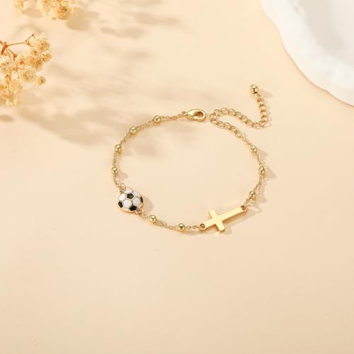 Image of Softball /Volleyball /Soccer /Basketball Football Bracelet for Girls Women, 14K Gold Plated Cross Link Chain Sport Accessories Christian Jewelry Gifts for Teens Team Coach Players