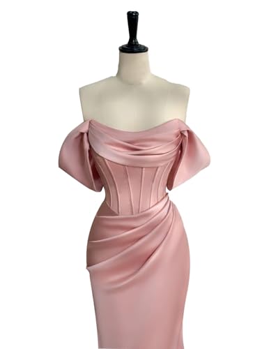 FreeBeauty Off The Shoulder Satin Prom Dresses with Bow Long Mermaid Pleated Evening Gown Cowl Neck Corset Formal Dress3