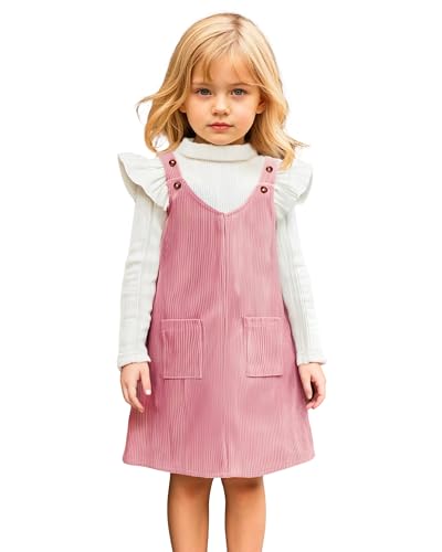 HINTINA Toddler Girl V Neck Corduroy Pinafore Overall Dress Set 2-7 Years