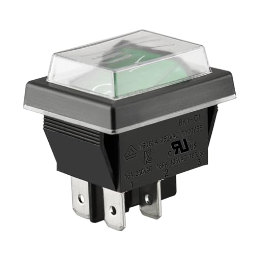 El interruptor de Rocker de Heschen RK1-01-HS-G con cubierta impermeable, DPST ON-OFF, 4 terminales Luz verde, 16A, 250VAC