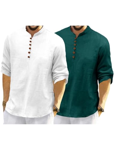 Image of Macsivo Men's Cotton Blend Kurta with Solid Band Collar Full Sleeve Button Closure Regular Fit Curved Hem Length | Kurta for Man | Combo Pack of 2