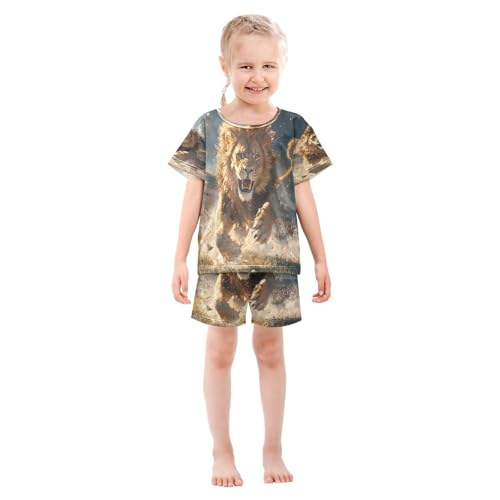 ALAZA Lion Running Pajamas Set Short Sleeve Cotton Sleepwear Summer Pjs 2 Piece 5-14Y3