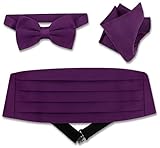 Vesuvio Napoli Cummerbund BowTie & Hanky Set - Men's Cummerbund Bow Tie Pocket Square Solid Colors (Purple)